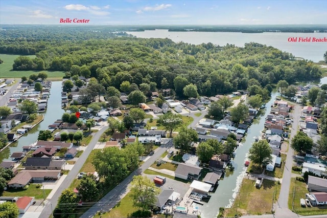 drone / aerial view featuring a residential view, a water view, and a forest view