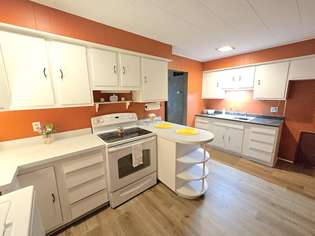 1134 Cedarview Dr, Springfield, OH 45503 - kitchen featuring electric stove, open shelves, a sink, light wood-type flooring, and white cabinetry