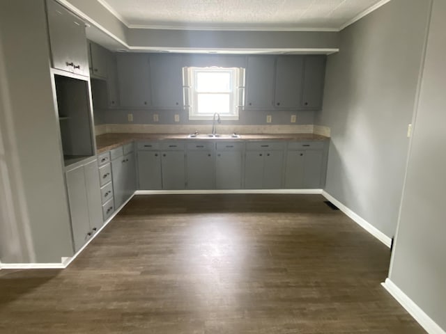 823 Robinson Ave, Piqua, OH 45356 - kitchen with a sink, crown molding, baseboards, and dark wood-style flooring
