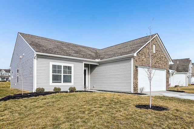 ranch-style house featuring driveway, a shingled roof, an attached garage, a front lawn, and brick siding