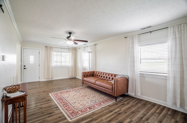 4209 State Route 41, Troy, OH 45373 - living room featuring ornamental molding, dark wood-type flooring, a ceiling fan, baseboards, and a textured ceiling