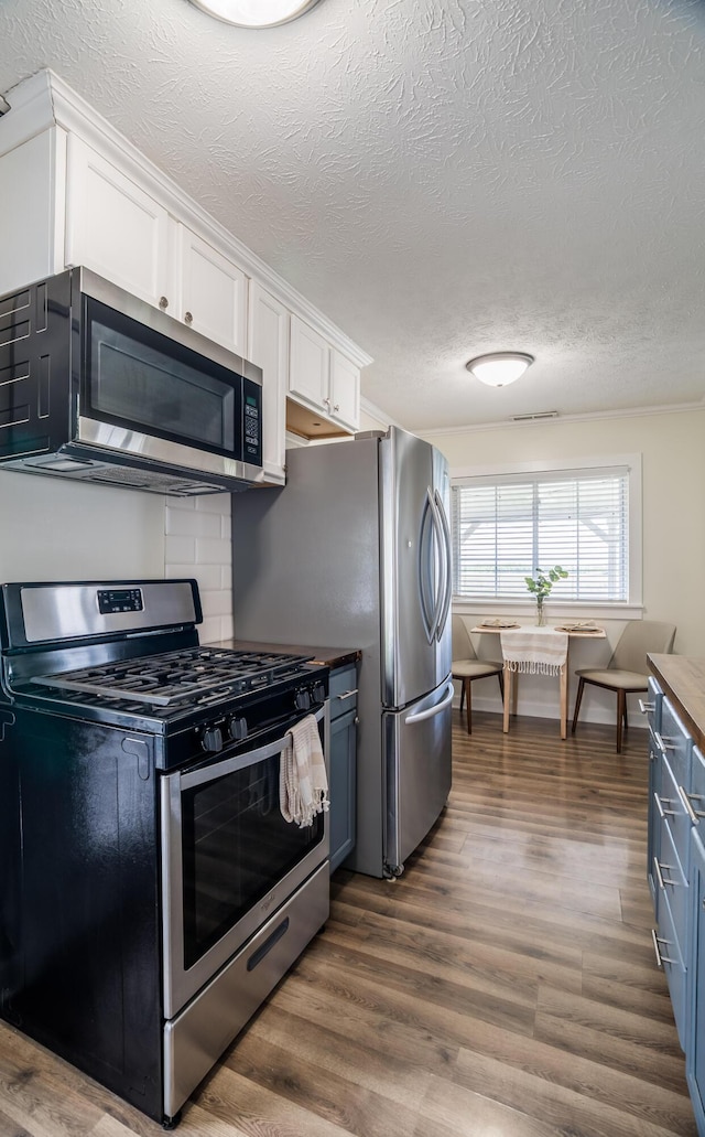 4209 State Route 41, Troy, OH 45373 - kitchen featuring appliances with stainless steel finishes, white cabinetry, dark wood-style floors, a textured ceiling, and blue cabinetry