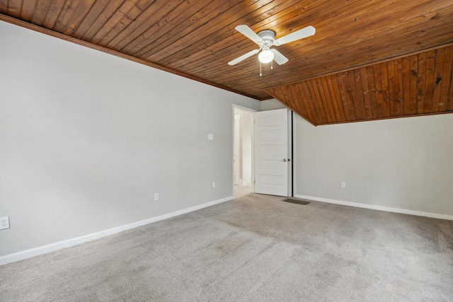 unfurnished room featuring ceiling fan, carpet floors, wood ceiling, and baseboards