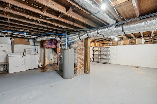 unfinished below grade area with water heater and independent washer and dryer