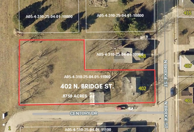 402 N Bridge St, Gettysburg, OH 45328 - aerial overview of property's location with property boundaries highlighted