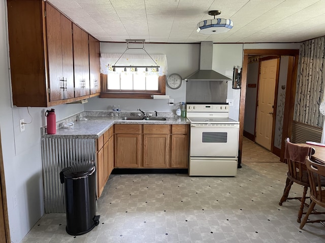 kitchen featuring a sink, brown cabinets, white electric stove, wall chimney range hood, and light countertops