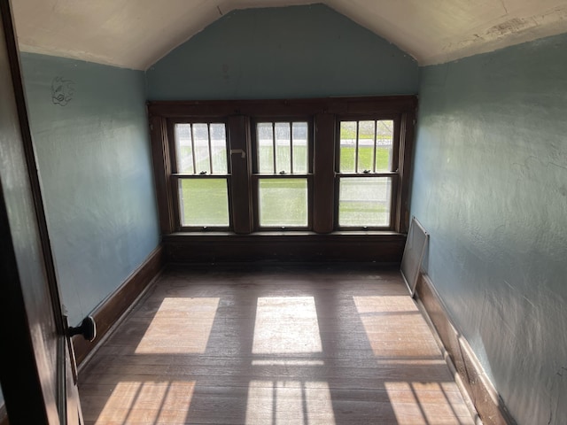 spare room with lofted ceiling, wood finished floors, and baseboards