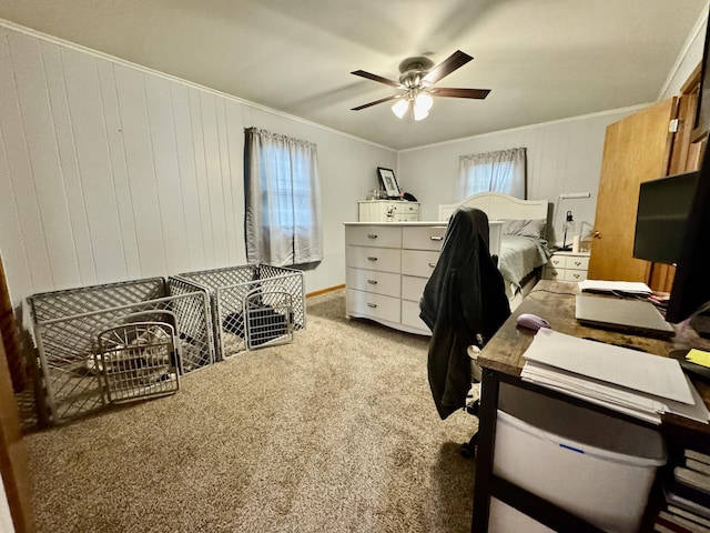 641 Washington St, Versailles, OH 45380 - office with ceiling fan, crown molding, carpet, and wood walls