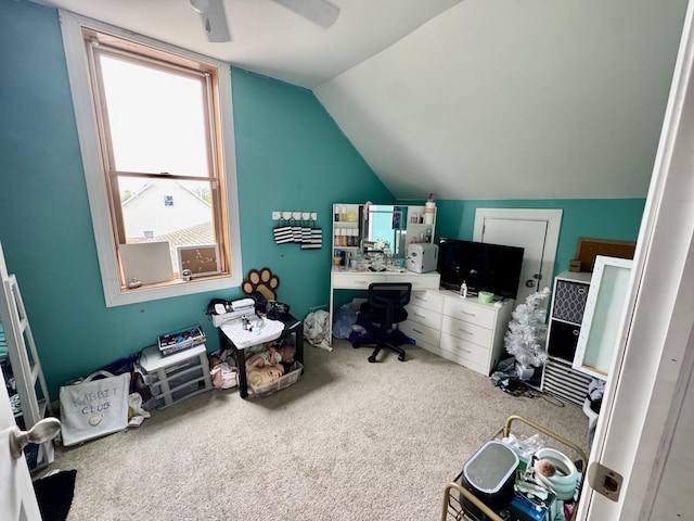 641 Washington St, Versailles, OH 45380 - carpeted office with lofted ceiling and a ceiling fan