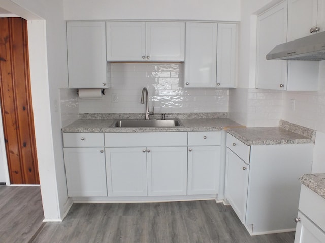 324 E Maplewood Ave, Dayton, OH 45405 - kitchen featuring under cabinet range hood, wood finished floors, a sink, and light countertops