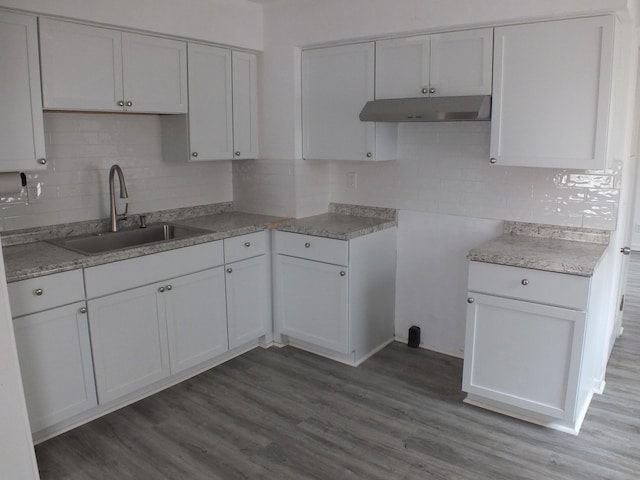 324 E Maplewood Ave, Dayton, OH 45405 - kitchen featuring tasteful backsplash, wood finished floors, a sink, white cabinets, and under cabinet range hood