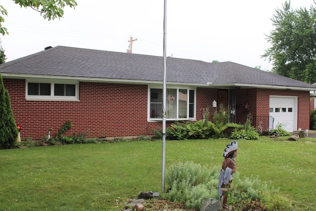 6 Woodside Dr, Arcanum, OH 45304 - ranch-style house with a garage, brick siding, a shingled roof, and a front lawn