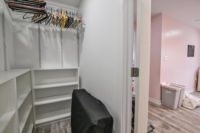 walk in closet with wood-type flooring