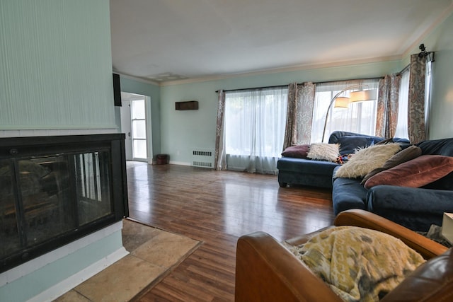 living room with crown molding, dark hardwood / wood-style floors, and radiator