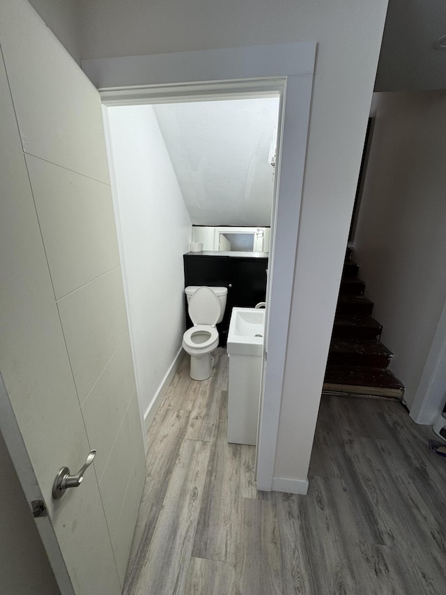 bathroom featuring vanity, hardwood / wood-style floors, and toilet