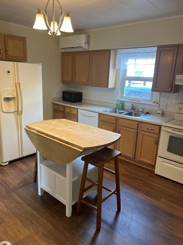 9969 State Route 49, Rockford, OH 45882 - kitchen featuring white appliances, a wall mounted AC, crown molding, backsplash, and dark wood finished floors