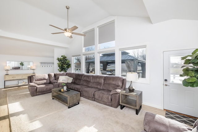 11546 Horseshoe Channel Dr, Lakeview, OH 43331 - living room with plenty of natural light, ceiling fan, wood finished floors, and high vaulted ceiling