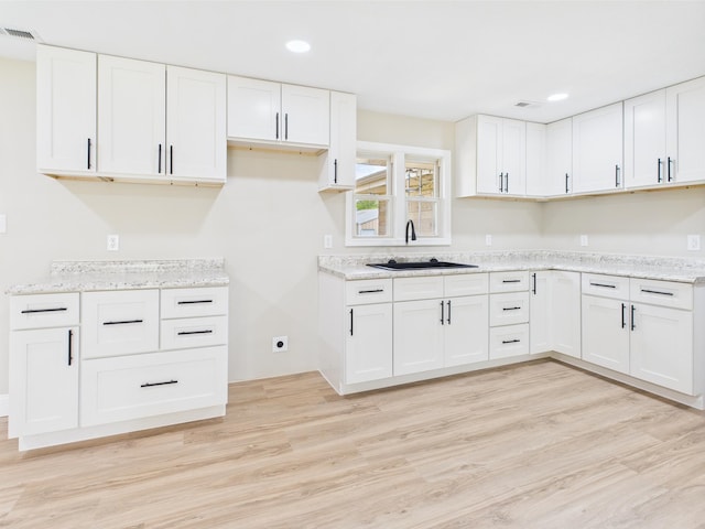 1430 E Union City Pike E, Union City Pike, Winchester, IN 47394 - kitchen with white cabinets, light wood-style floors, light stone counters, and recessed lighting