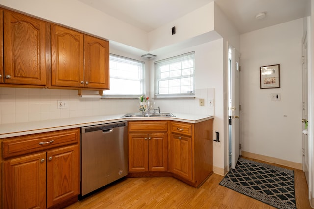 1706 N Fountain Blvd, Springfield, OH 45504 - kitchen with stainless steel dishwasher, brown cabinets, and tasteful backsplash