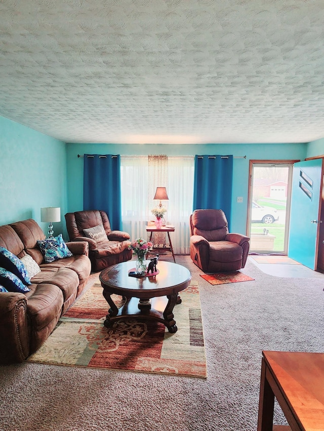 living area with carpet floors and a textured ceiling