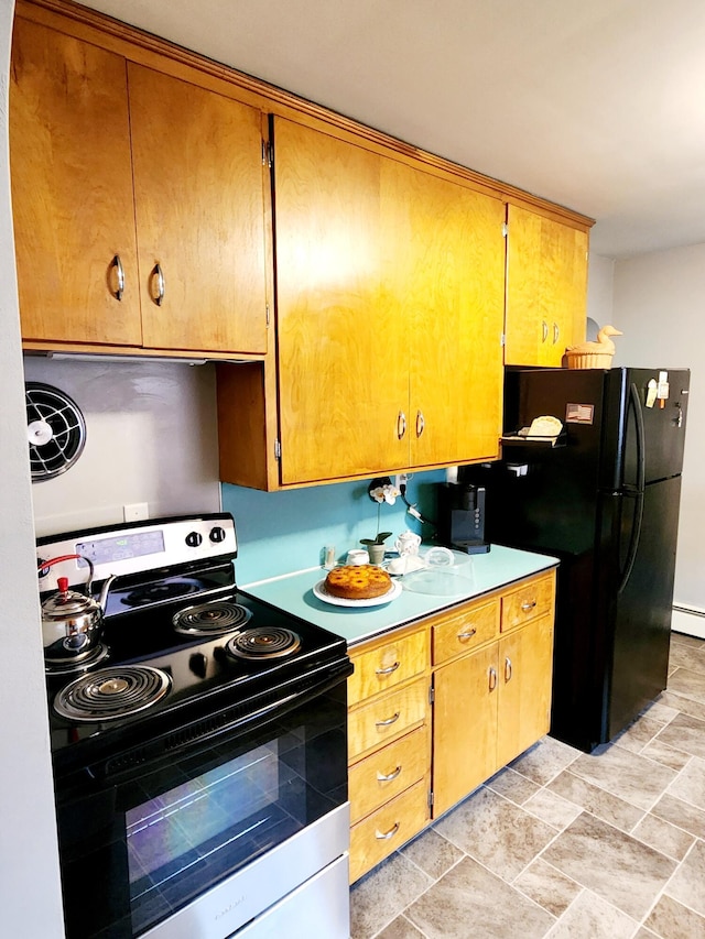 kitchen featuring brown cabinetry, electric stove, a baseboard radiator, and light countertops