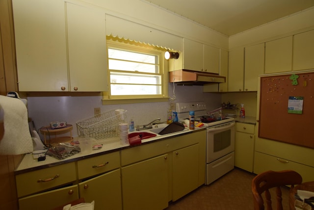 718 Center Ave, Russells Point, OH 43348 - kitchen featuring white electric range and under cabinet range hood
