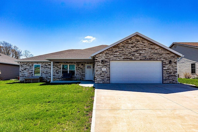 1313 Arrowhead, Piqua, OH 45356 - ranch-style house with a garage, driveway, a front yard, roof with shingles, and stone siding