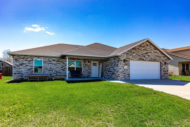 1313 Arrowhead, Piqua, OH 45356 - single story home featuring a garage, stone siding, driveway, and a front yard