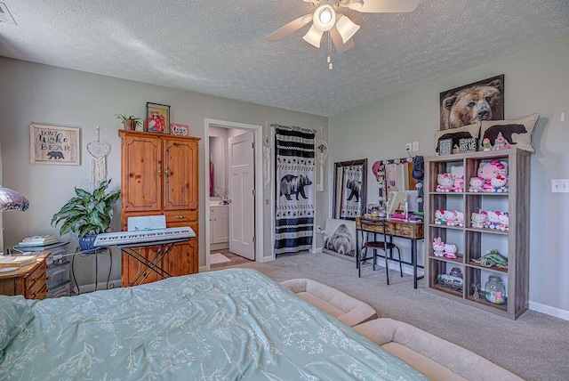 1313 Arrowhead, Piqua, OH 45356 - bedroom featuring light colored carpet, a textured ceiling, a ceiling fan, and ensuite bath