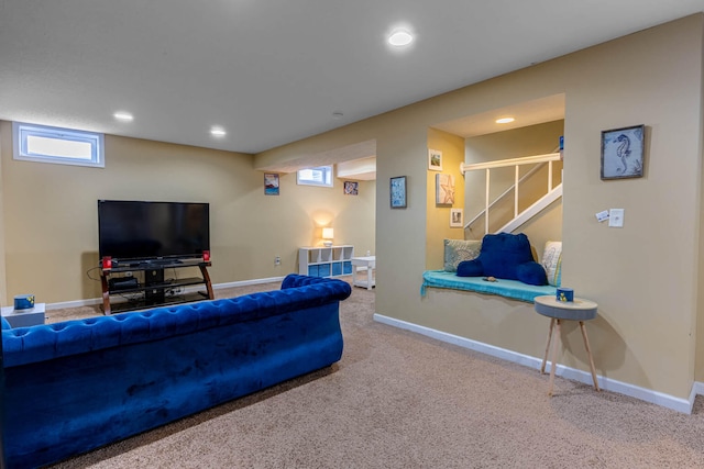 carpeted living area featuring stairs, recessed lighting, and baseboards