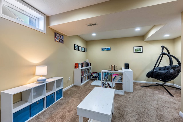 carpeted home office featuring recessed lighting, visible vents, and baseboards