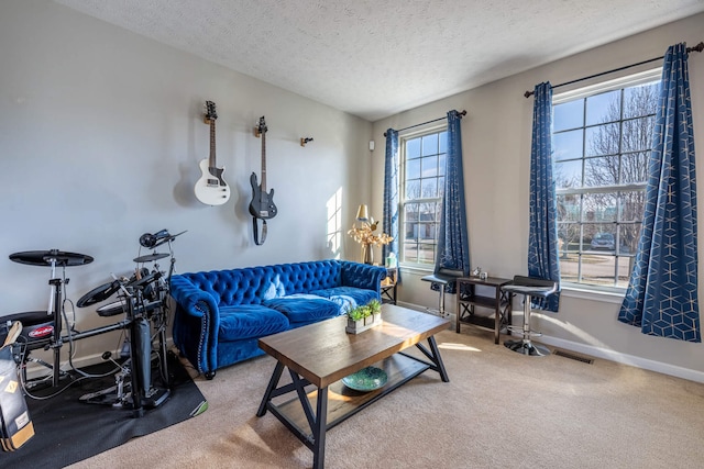 living room featuring a textured ceiling, carpet floors, plenty of natural light, and baseboards