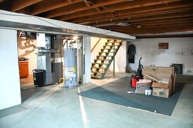 unfinished below grade area with water heater, stairway, and heating unit