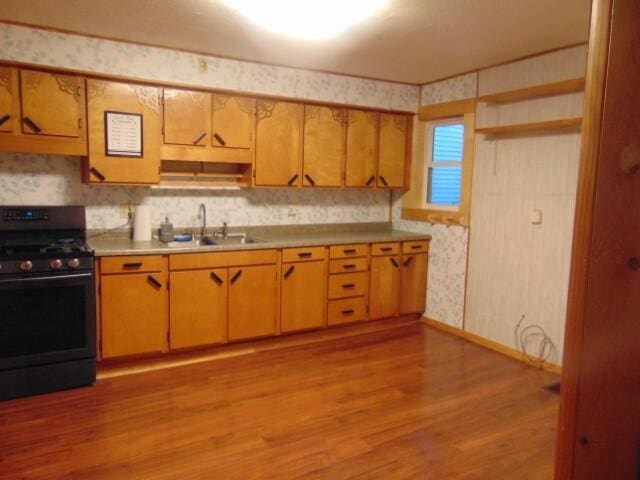 kitchen featuring gas stove, sink, and light hardwood / wood-style flooring