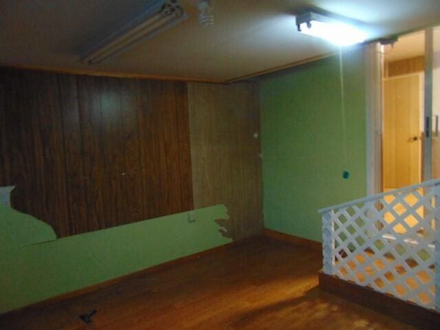 basement with hardwood / wood-style floors and wood walls