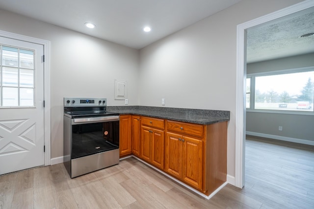 kitchen featuring electric stove and light hardwood / wood-style flooring