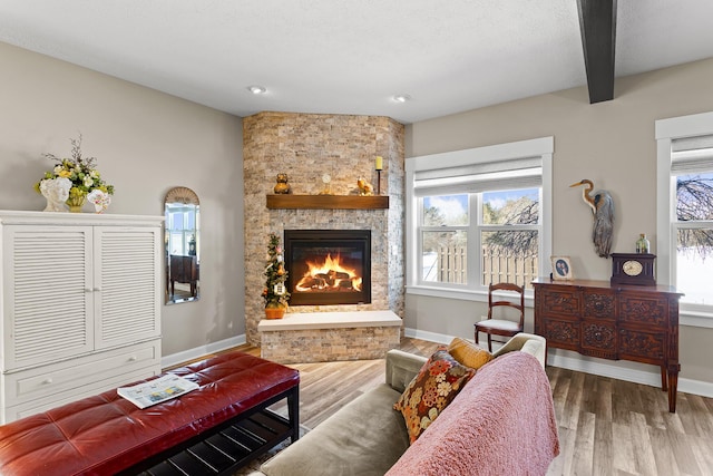 living room featuring a stone fireplace, wood finished floors, and baseboards