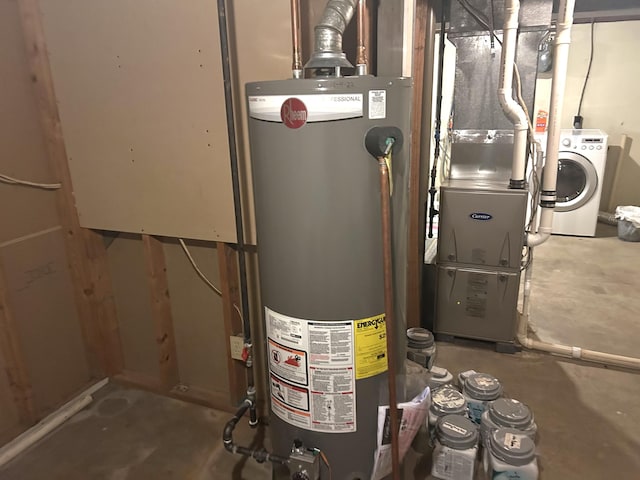 utilities with water heater, heating unit, and washer / clothes dryer