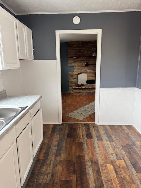 kitchen featuring wainscoting, dark wood-type flooring, light countertops, a textured ceiling, and white cabinetry