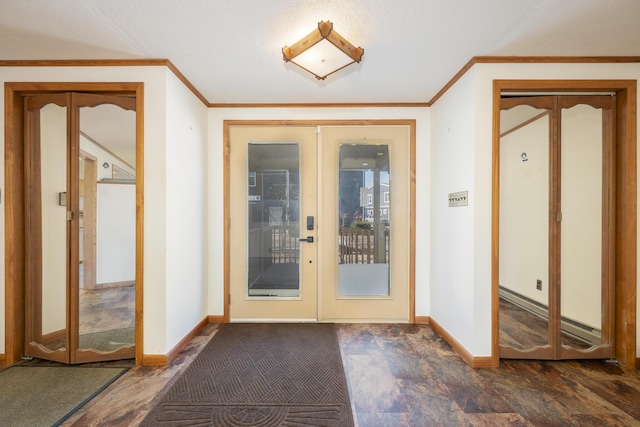 7868 Beech Ave, Russells Point, OH 43348 - doorway featuring crown molding, baseboards, dark carpet, and french doors