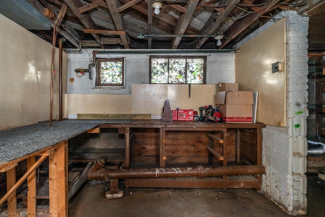 below grade area featuring concrete block wall and a workshop area