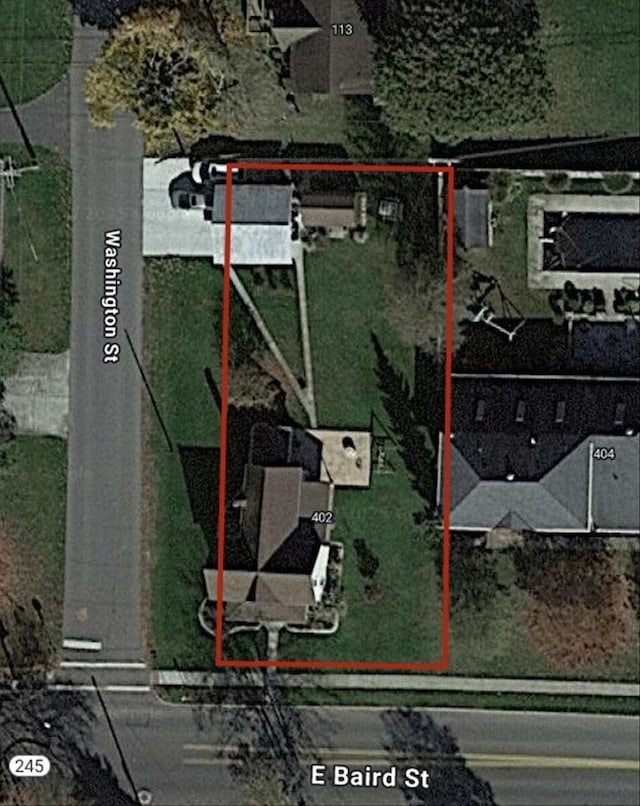 402 E Baird St, West Liberty, OH 43357 - aerial overview of property's location featuring property parcel outlined