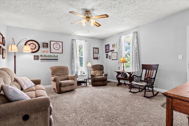 402 E Baird St, West Liberty, OH 43357 - living room with ceiling fan, carpet floors, and a textured ceiling