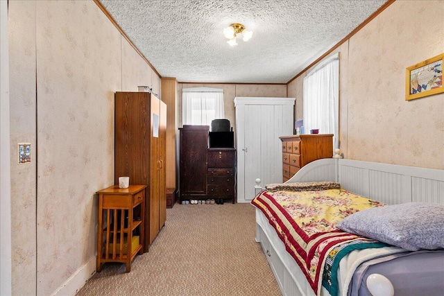 402 E Baird St, West Liberty, OH 43357 - bedroom with light colored carpet, ornamental molding, and a textured ceiling