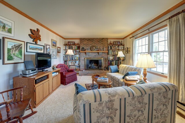 carpeted living area featuring a fireplace and ornamental molding