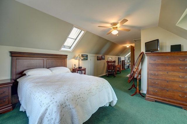 carpeted bedroom featuring baseboards, a ceiling fan, and lofted ceiling