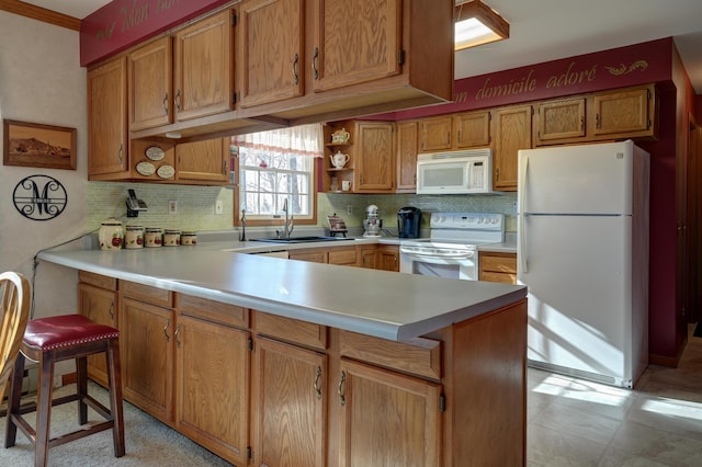 kitchen with open shelves, backsplash, white appliances, a peninsula, and light countertops