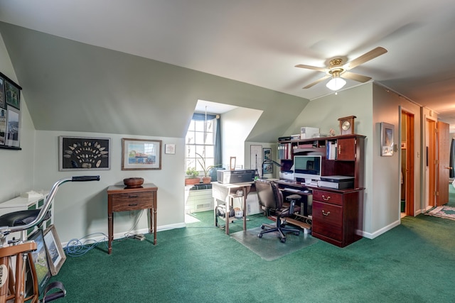 office featuring lofted ceiling, carpet flooring, a ceiling fan, and baseboards