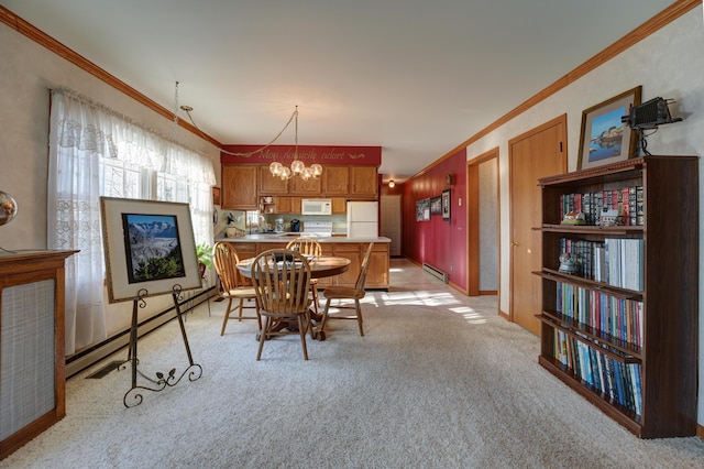 dining room featuring a notable chandelier, baseboard heating, light colored carpet, and ornamental molding