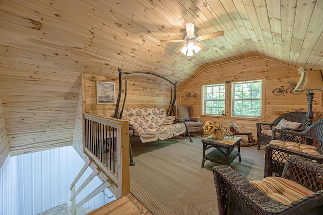 4602 State Route 273, Belle Center, OH 43310 - bedroom featuring wood walls, vaulted ceiling, wooden ceiling, and ceiling fan